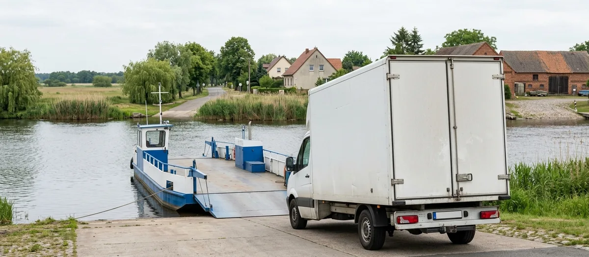 Weißer Umzugswagen wartet auf der Betonrampe vor einer kleinen blau-weißen Autofähre am Havelufer.