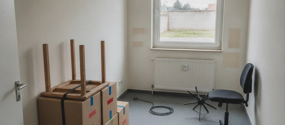 Geräumter Büroraum: ein zerlegter Tisch liegt auf gestapelten Kartons mit farbigen Klebestreifen, daneben ein Bürostuhl ohne Fußkreuz und ein aufgerolltes Netzwerkkabel.