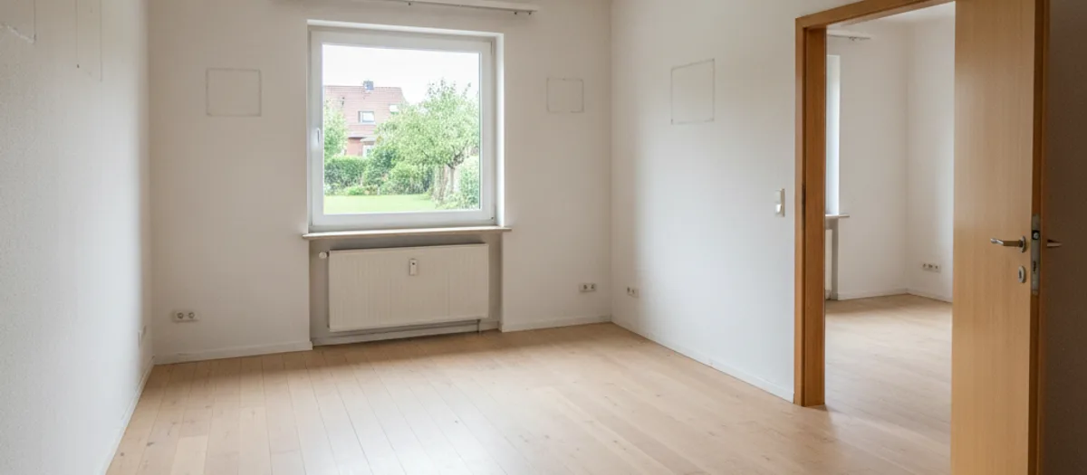 Vollständig geräumtes Wohnzimmer mit gefegtem Dielenboden, leeren Wänden und Blick durch das Fenster in den Garten.