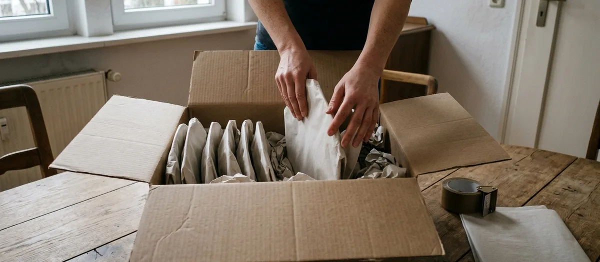 Zwei Hände wickeln einen Teller in Packpapier; im Karton stehen weitere Teller hochkant, daneben liegt eine Rolle Klebeband.