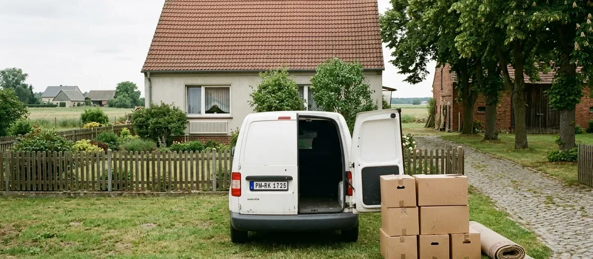 Kleiner weißer Transporter mit geöffneter Hecktür auf einer Wiese vor einem Einfamilienhaus, daneben zwei Stapel Umzugskartons und ein gerollter Teppich.