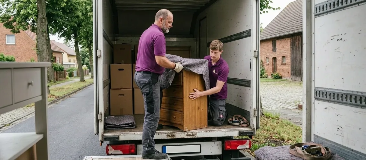 Zwei Umzugskräfte decken an der offenen Ladefläche eine Holzkommode mit einer Umzugsdecke ab; im Hintergrund eine Backsteinscheune an einer Dorfstraße.