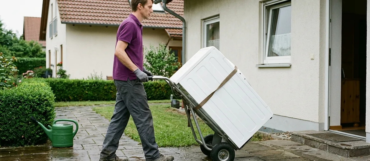 Eine Umzugskraft schiebt eine auf der Sackkarre festgezurrte Waschmaschine über den Plattenweg vor einem Einfamilienhaus.