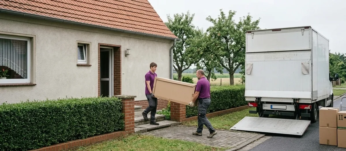 Zwei Umzugskräfte tragen die flache Seitenwand eines zerlegten Schranks aus der Haustür eines Einfamilienhauses; am Weg wartet der weiße Umzugswagen mit abgesenkter Ladebordwand.