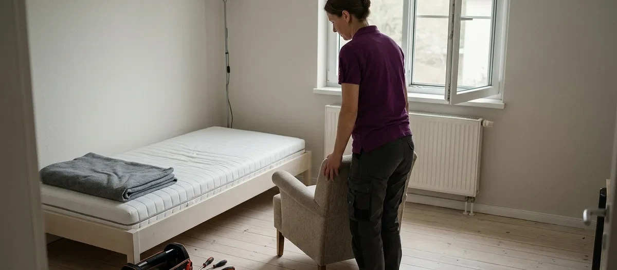 Eine Umzugskraft stellt einen Polstersessel neben ein frisch aufgebautes Bett mit Matratze in einem hellen, sonst leeren Zimmer.