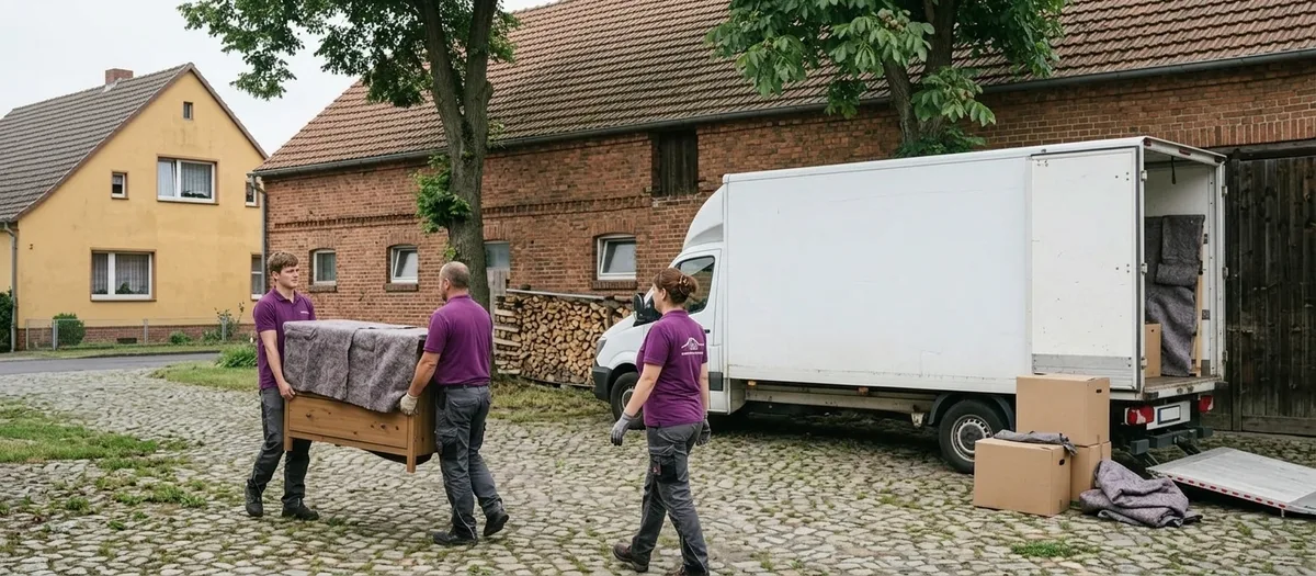 Drei Umzugskräfte tragen eine Holztruhe über einen gepflasterten Hof; daneben steht der weiße Umzugswagen vor einer Backsteinscheune.