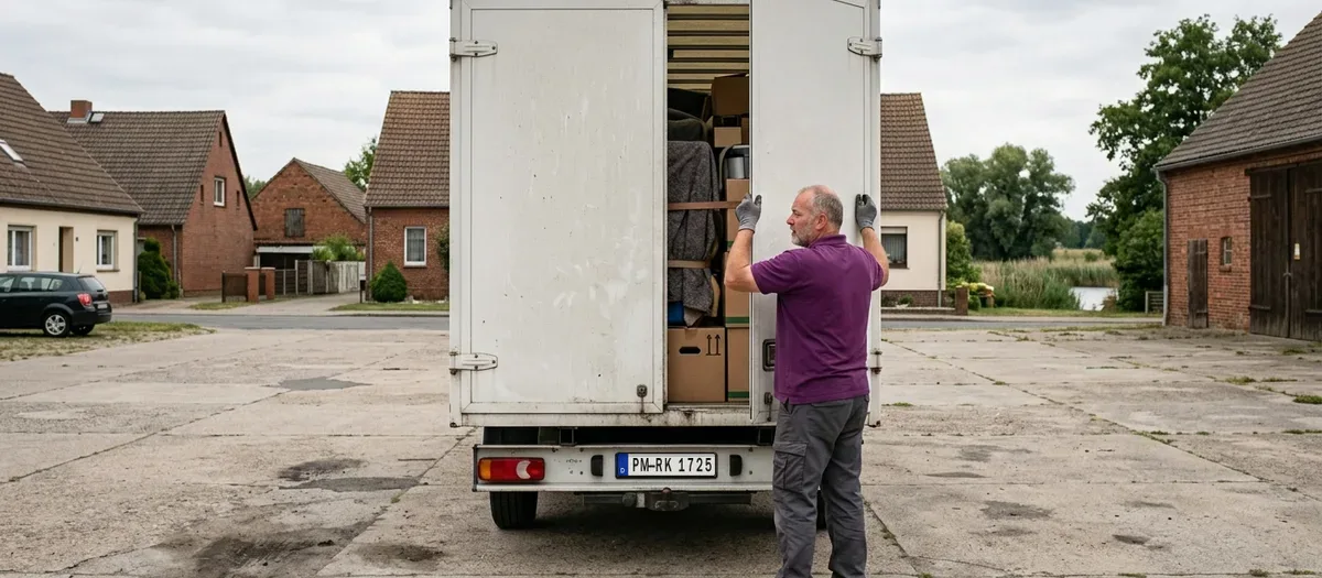 Eine Umzugskraft schließt die Hecktür des beladenen Umzugswagens auf einem Hof; im Laderaum stehen verpackte Möbel und Kartons.