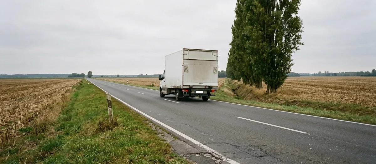 Weißer Umzugswagen fährt auf einer geraden Landstraße zwischen Stoppelfeldern und einer Pappelreihe davon.