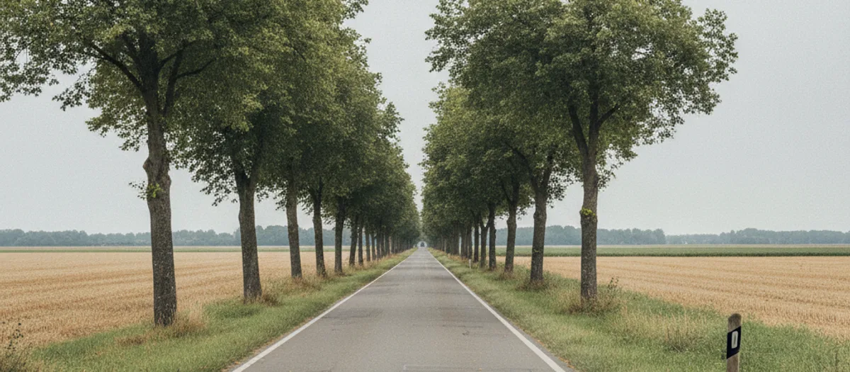 Gerade Landstraße mit Baumallee zwischen abgeernteten Feldern unter bedecktem Himmel.