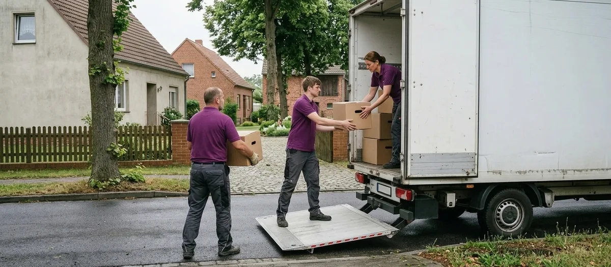 Drei Umzugskräfte reichen Umzugskartons in einer Kette vom Gehweg über die Ladebordwand in den Umzugswagen.