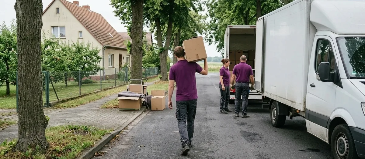 Eine Umzugskraft trägt einen Karton auf der Schulter eine Dorfstraße entlang zum weißen Umzugswagen, an dem zwei weitere Kräfte laden.