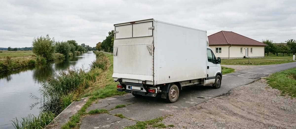 Weißer Umzugswagen auf einem Uferweg am Kanal, dahinter Schilf, Weiden und ein Einfamilienhaus mit Ziegeldach.