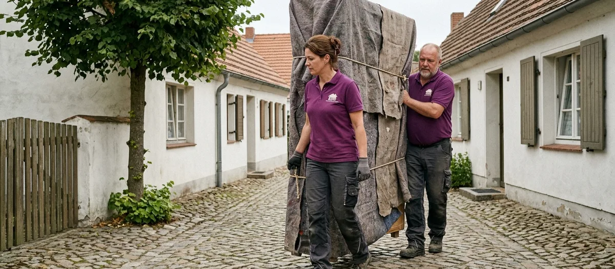 Zwei Umzugskräfte tragen ein hohes, in Decken gewickeltes Möbelstück über eine gepflasterte Gasse zwischen weiß getünchten Häusern.