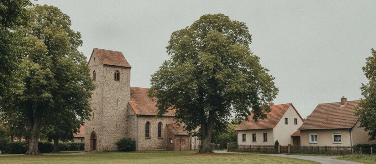 Feldsteinkirche mit gedrungenem Turm am Dorfanger, daneben zwei niedrige Wohnhäuser mit Ziegeldach.